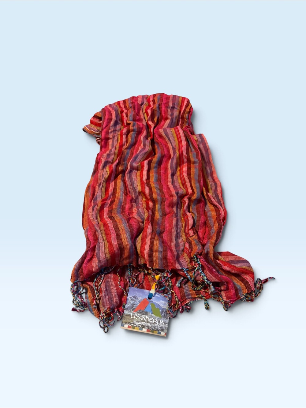 US SHERPA Serra Red Pink Orange Striped Scarf with Tassels